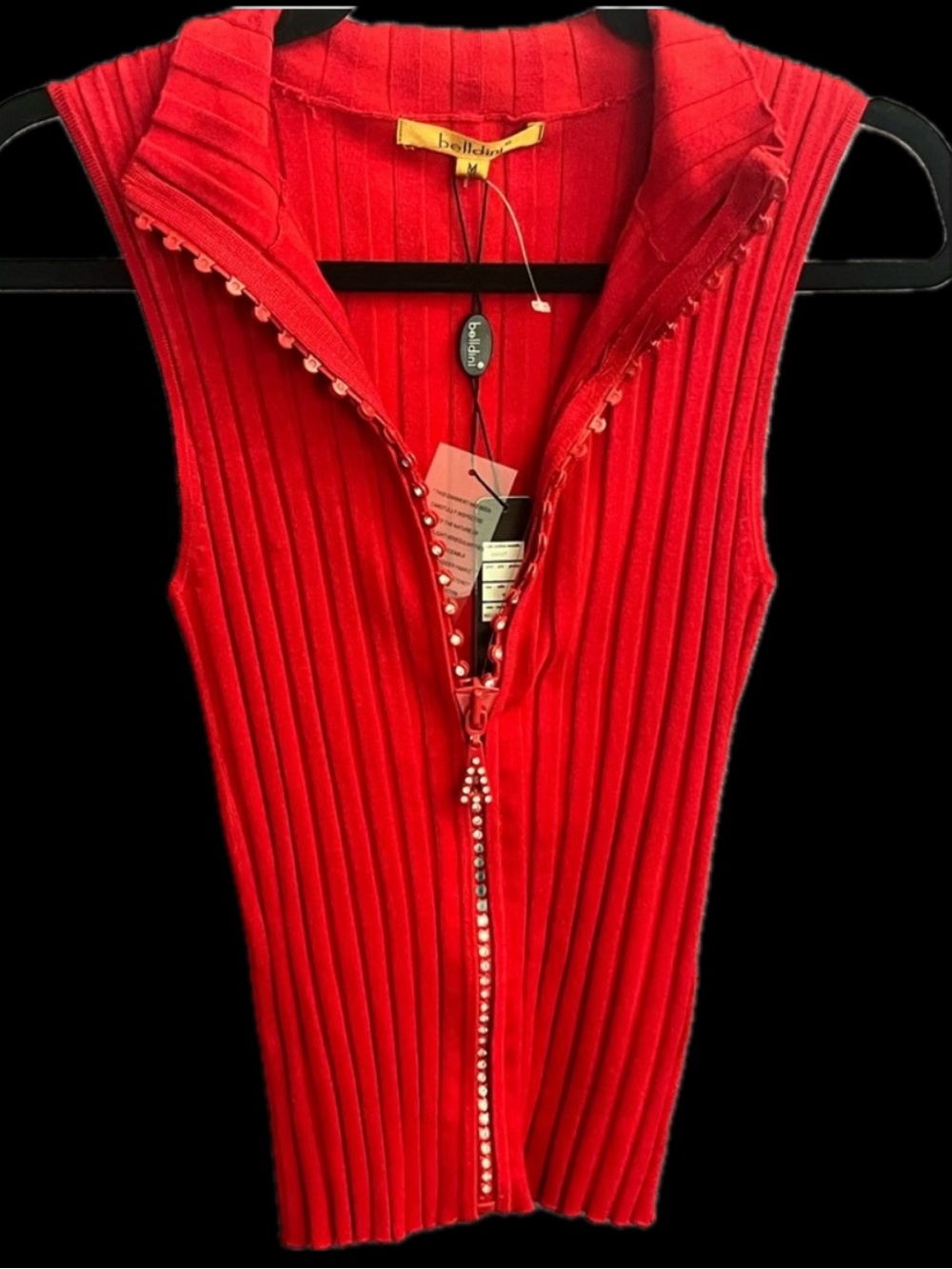 Belldini Red ribbed stretch crystal rhinestone zipper sexy tight sweater vintage